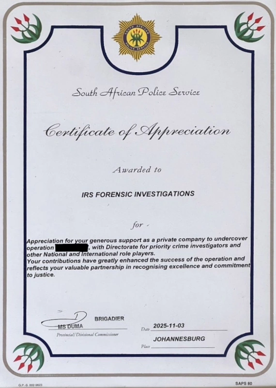 Certificate of Appreciation - SAPS 2025
